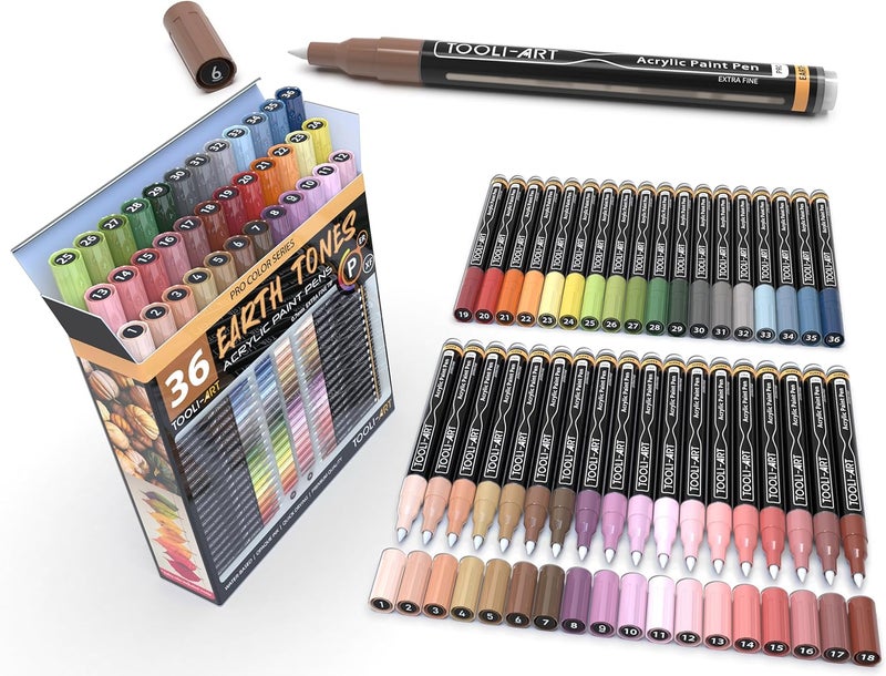 TOOLI-ART 36 Acrylic Paint Pens Skin and Natural Earth Tone Marker Set For Rock Painting, Canvas, Mugs, Glass, Plastic, Wood, Metal, Fabric, Scrapbooking, Most Surfaces. Quick Drying Waterbased (EXTRA FINE) - Image 1
