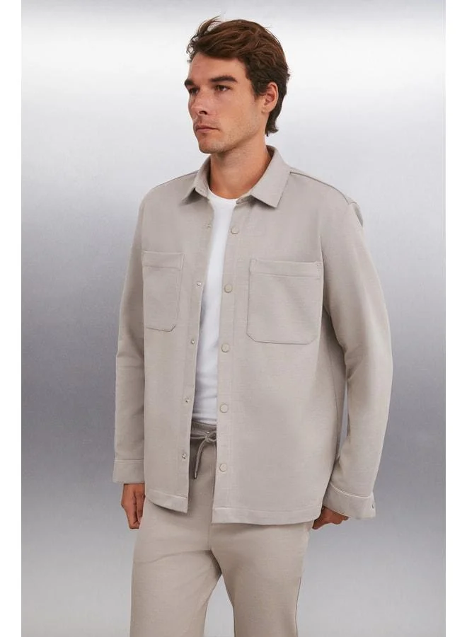GRIMELANGE DERIAN Men's Comfort Fit 2-Pocket Snap Button Beige Shirt.