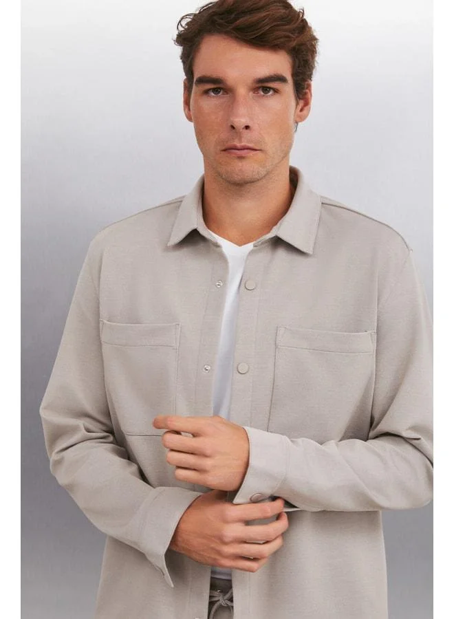 GRIMELANGE DERIAN Men's Comfort Fit 2-Pocket Snap Button Beige Shirt.
