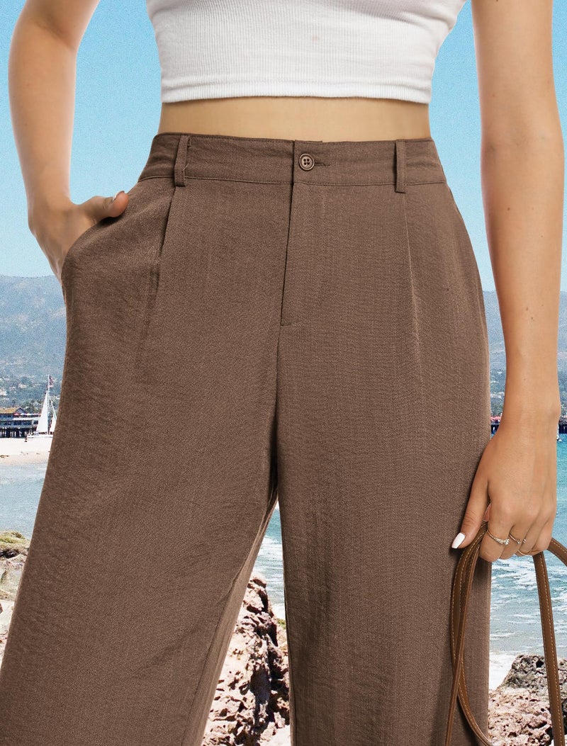 Feiersi Womens Casual Wide Leg Pants High Waisted Button Down Straight Long Trousers Palazzo Pants(Coffee,Medium) - Image 2