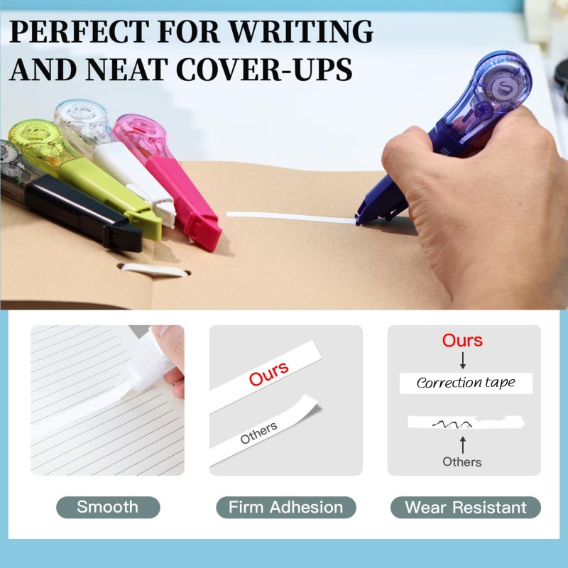 WISOPTUS 19.69ft Correction Tape Pen, 5-Count Pack, Dry Instantly, Stretch Resistant, not Easy to Break, as Smooth as Writing, Perfect for School, Office Supplies, Black White Red Yellow Blue - Image 3