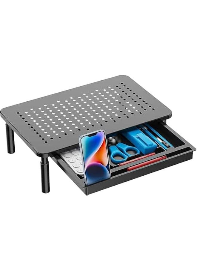 تراسل حامل شاشة مع مساحة تخزين من تراسل، حامل كمبيوتر للشاشة مع درج، حامل لابتوب مع درج للمكتب بارتفاع قابل للتعديل، وحامل جوال للمكتب والمنزل والمدرسة  - Image 1