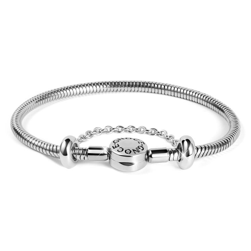GNOCE Charm Bracelet With Safety Chain Stainless Steel Snake Chain Metal Basic Charm Bracelet DIY Bangle with Round shaped Clasp For Women (Stainless Steel, 7.5) - Image 1