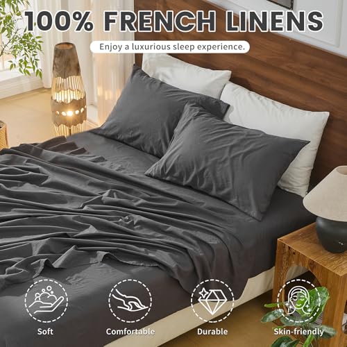 Bedlifes 100 French Pure Linen Sheets Queen Size Breathable and Cooling Flax Sheet Set Soft Durable and Moisture Wicking 16 Inch Deep Pocket4 PieceQueenDark Grey - Image 3