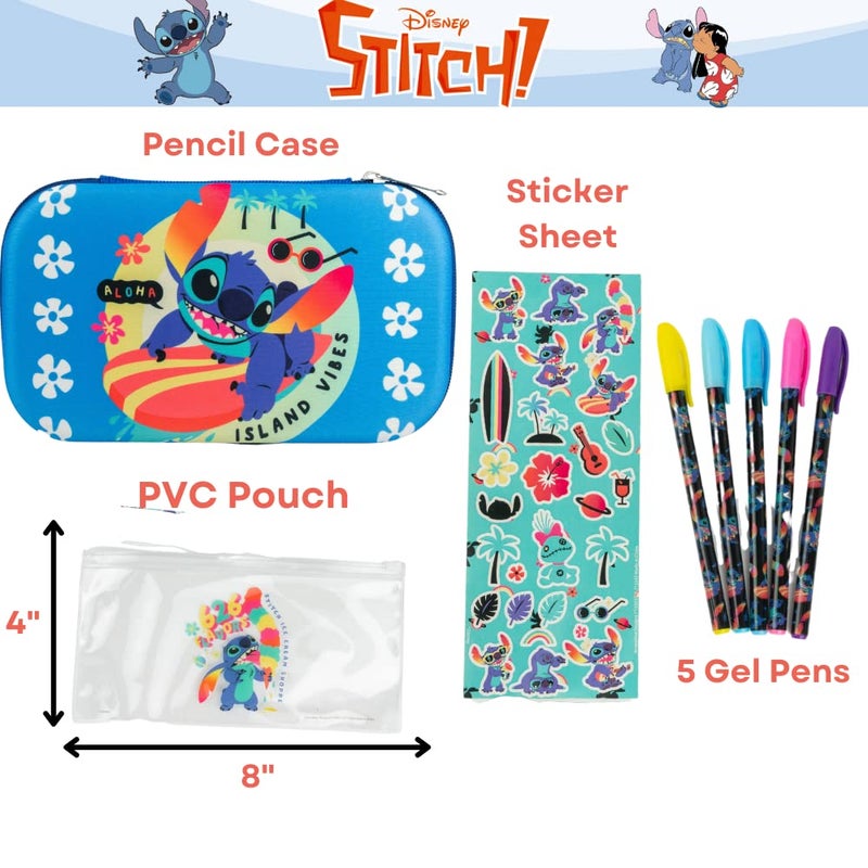 Innovative Designs Disney Stitch Pencil Case Set with Stickers and Gel Pens for Kids, Molded with Zip Closure, Blue - Image 2