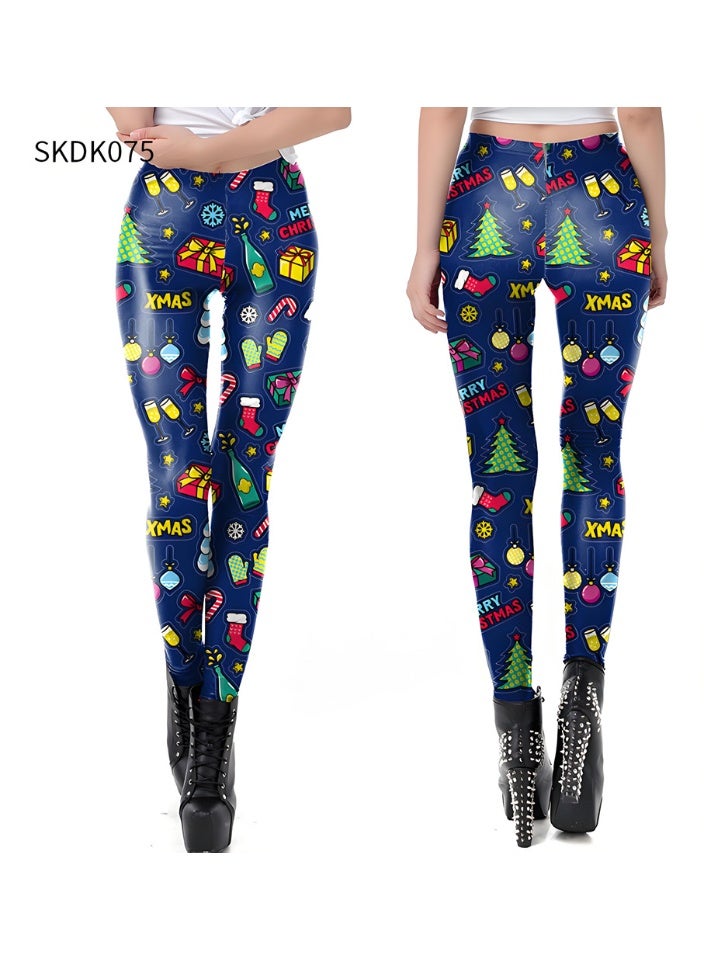 إسكدنيا النساء مطبوعة عيد الميلاد ملابس عالية الخصر عيد الميلاد ضيق العطلة بنطلون رقيقة - Image 1