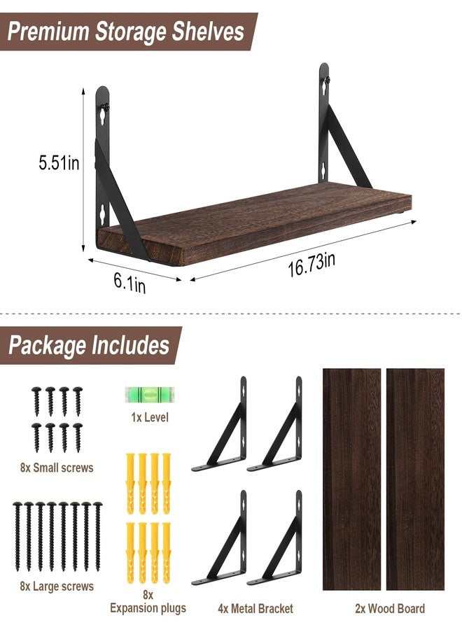 أرفف عائمة من Uten، أرفف خشبية صلبة مثبتة على الحائط للحمام والمطبخ وغرفة النوم وغرفة المعيشة مع ميزان تسوية وقوس معدني، طقم أرفف حمام عائمة مقاس 17 بوصة مكون من قطعتين، بني - Image 3