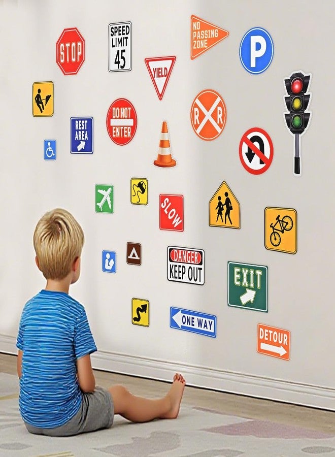 Ranjaner 25 Pcs Waterproof Road Signs Wall Decal Set, Peel and Stick Traffic Street Sign Stickers for Kids' Bedroom, Classroom, Playroom Decor(Colorful,Size:Multisize) - Image 5
