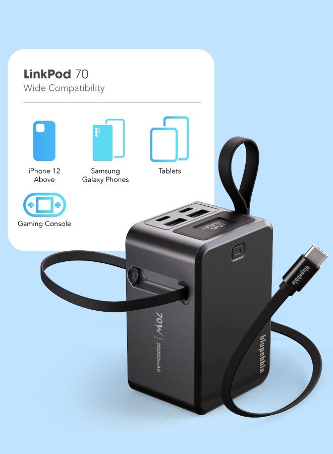 blupebble LinkPod 70 Power Bank 20000mAh 70W PD Fast Charging Portable Charger with Built-in Retractable USB-C Cable – Laptop Power Bank, LED Digital Display, 3 USB-C + 2 USB-A Multi-Port Fast Charger for MacBook, iPhone, Samsung & Tablets - Image 3