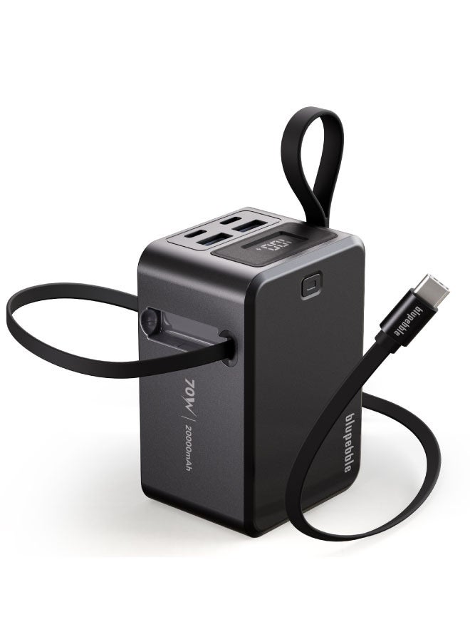 blupebble LinkPod 70 Power Bank 20000mAh 70W PD Fast Charging Portable Charger with Built-in Retractable USB-C Cable – Laptop Power Bank, LED Digital Display, 3 USB-C + 2 USB-A Multi-Port Fast Charger for MacBook, iPhone, Samsung & Tablets - Image 1