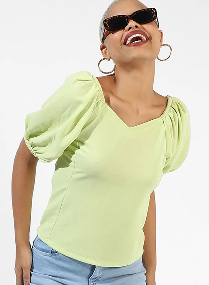 بينيا كولادا PINACOLADA Women's Solid Lime Green Regular Fit Top For Casual Wear | Sweetheart Neck | Short Sleeve | Top Crafted With Regular Sleeve, Comfort Fit & High-Performance For Everyday Wear