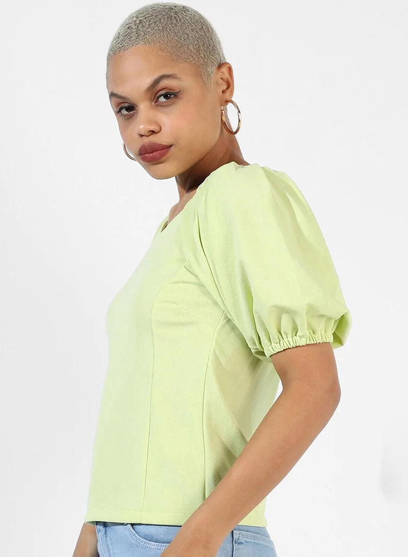 بينيا كولادا PINACOLADA Women's Solid Lime Green Regular Fit Top For Casual Wear | Sweetheart Neck | Short Sleeve | Top Crafted With Regular Sleeve, Comfort Fit & High-Performance For Everyday Wear