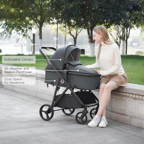 Gromast 3-in-1 Baby Stroller, Convertible Stroller for Newborn Infant Toddler with Reversible Seat, UPF 50+ Canopy & Cup Holder - Gray - Image 2
