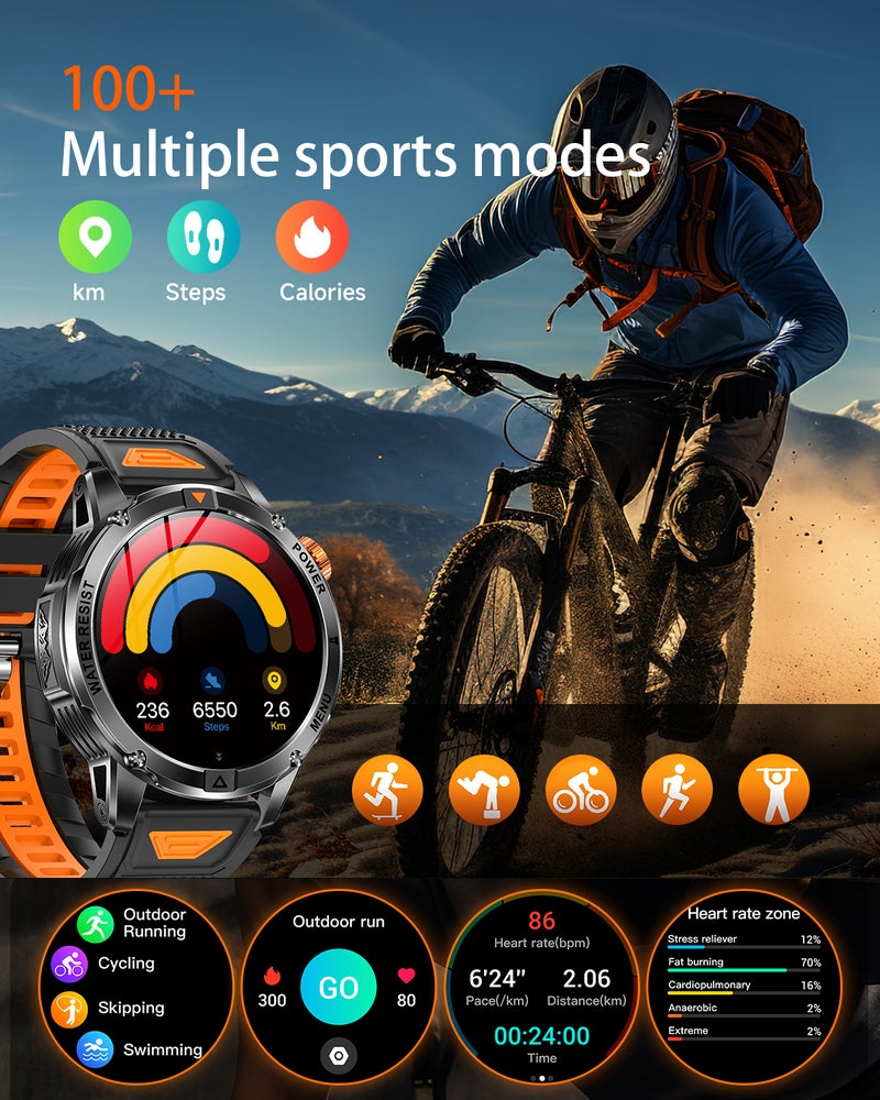 SACOSDING Militrary Smart Watch for Men,1.53" HD/1000mAh Battery Smart watches for Android/iOS (Bluetooth Call Answer/Calls)Fitness Tracker,100+ Sports/LED Flashlight/IP68 Waterproof/Sleep Tracker Smartwatch - Image 4