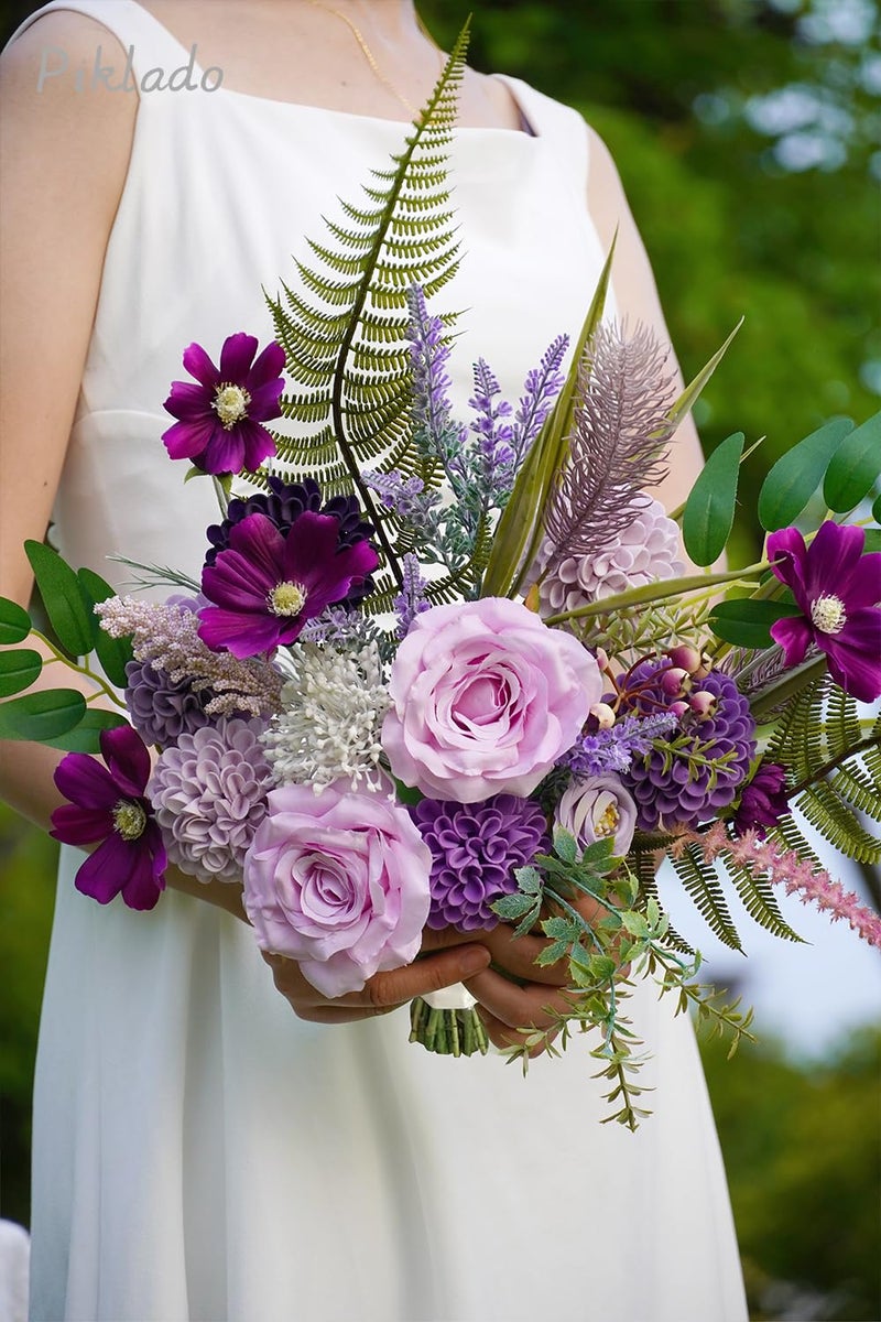 Piklado Artificial Wedding Dahlia Flowers 25 pcs Fake Roses with Stem for DIY Wedding Decor Centerpieces Arrangements Bouquets (Shades of Purple) - Image 5