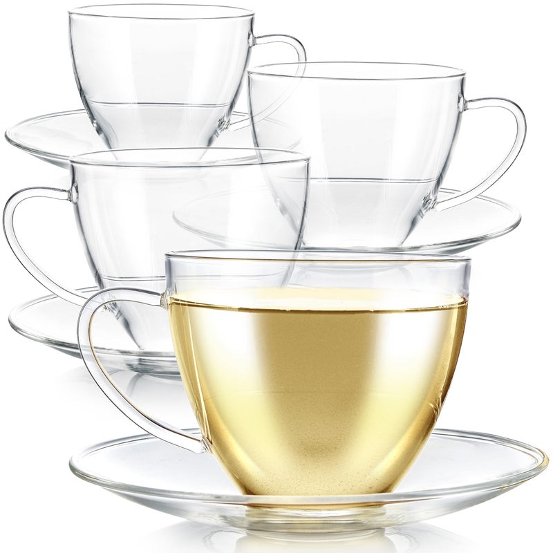 Teabloom Royal Teacup and Saucer Set 4-Pack â€“ Large Size â€“ 12 OZ/ 350 ML Capacity â€“ Crystal Clear Classic Design â€“ Glass Mug Set â€“ Premium, Healthful Borosilicate Glass â€“ Odor and Stain-Free - Image 1