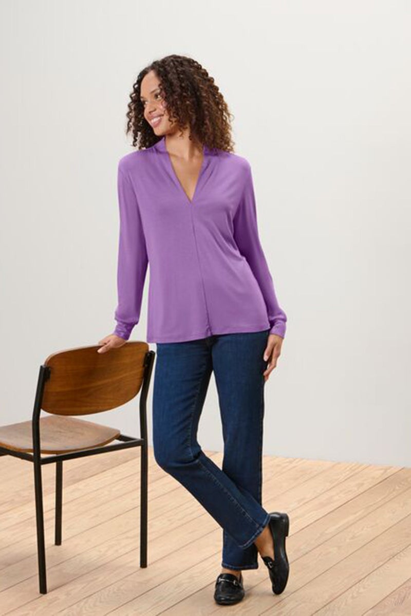 Tchibo Women V-Neck Long Sleeve Plain Top, Purple  - Image 1