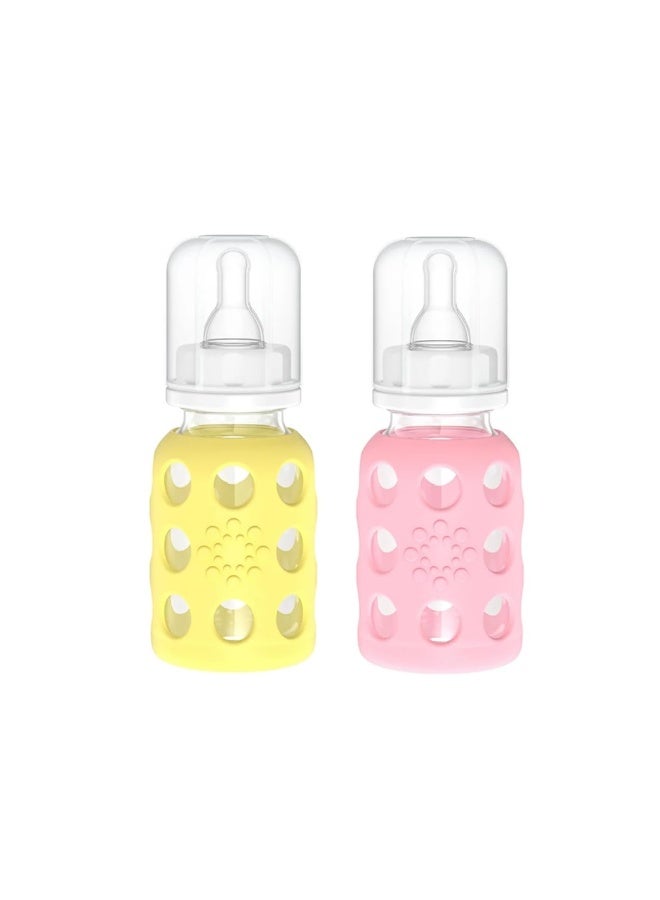 Lifefactory Glass Baby Bottle BPA Free | Protective Silicone Sleeve | 4 oz Pack of 2 | Pink, Banana - Image 1
