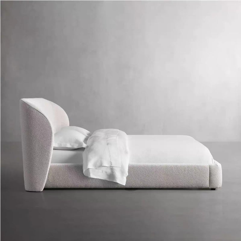 Boucle Fabric Upholstered Bed with Curved Wingback Headboard - Modern Luxury Low Profile Platform Frame (Rice White, Queen) - Image 3