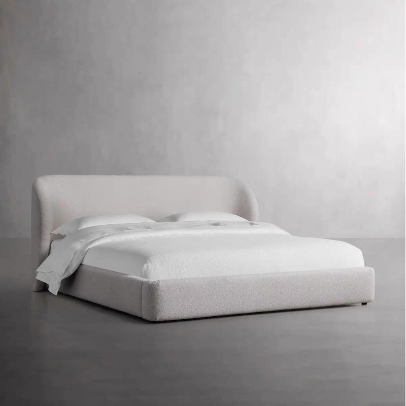 Boucle Fabric Upholstered Bed with Curved Wingback Headboard - Modern Luxury Low Profile Platform Frame (Rice White, Queen) - Image 1