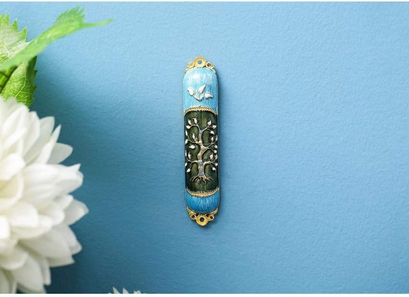 matashi Hand Painted Enamel Mezuzah Embellished with a Tree of Life Design with Gold Accents and Crystals by , (MTMZ221) - Image 3