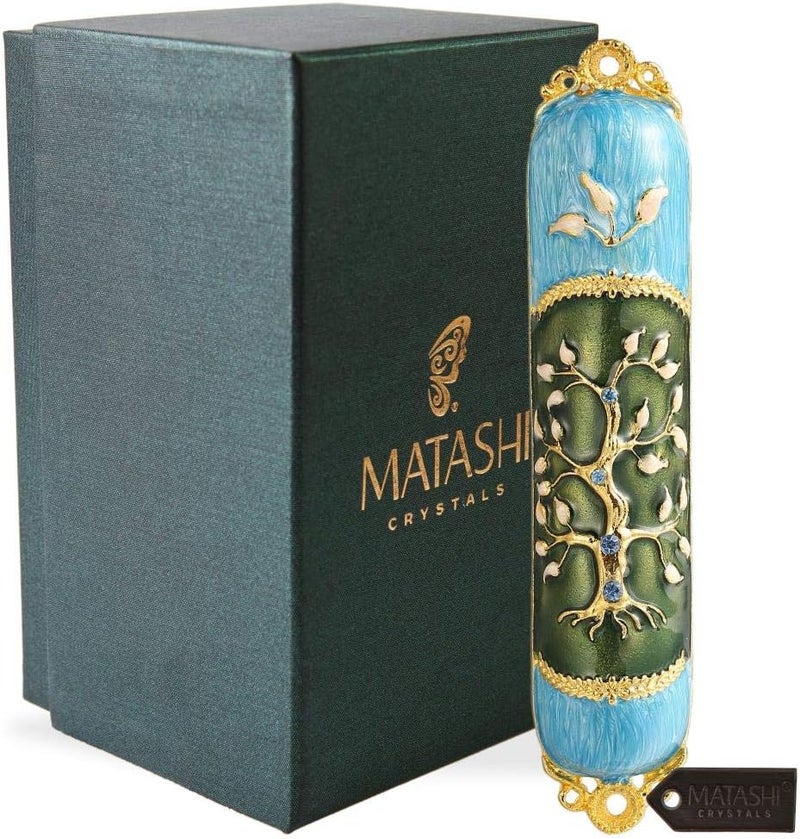 matashi Hand Painted Enamel Mezuzah Embellished with a Tree of Life Design with Gold Accents and Crystals by , (MTMZ221) - Image 1
