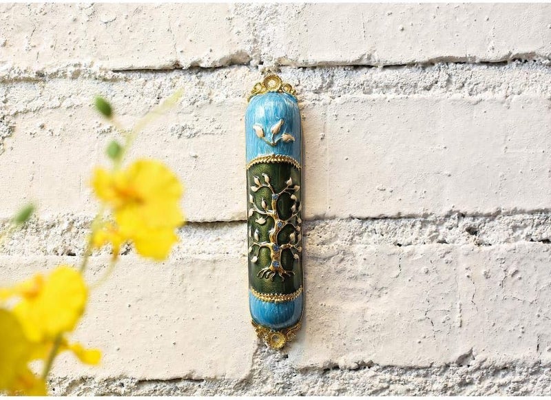 matashi Hand Painted Enamel Mezuzah Embellished with a Tree of Life Design with Gold Accents and Crystals by , (MTMZ221) - Image 4