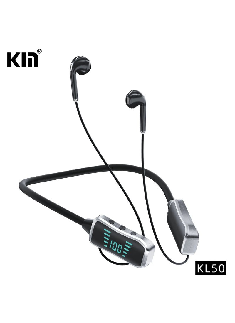 KIN - Kin KL50 Bluetooth Neckband Earphones 48H Playtime With LED Display TF Card Slot Multi Functional Button Control Black - Image 1
