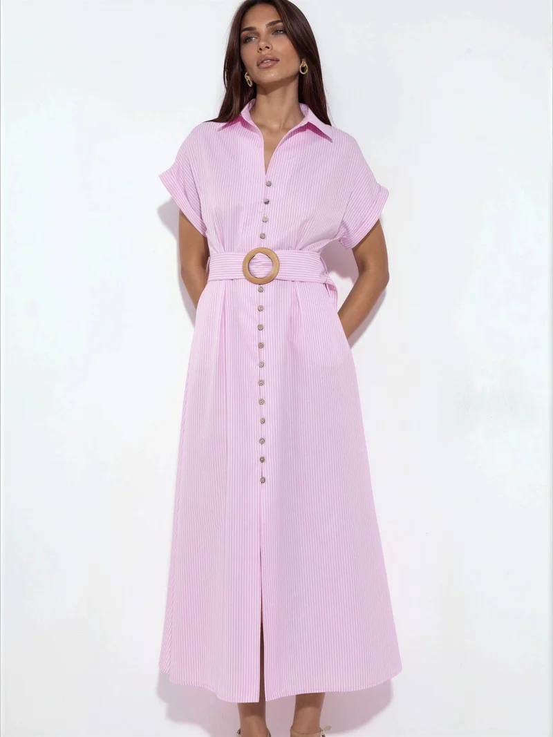 بوسيم BUSEM Striped V-neck Midi Shirt Dress with Belt