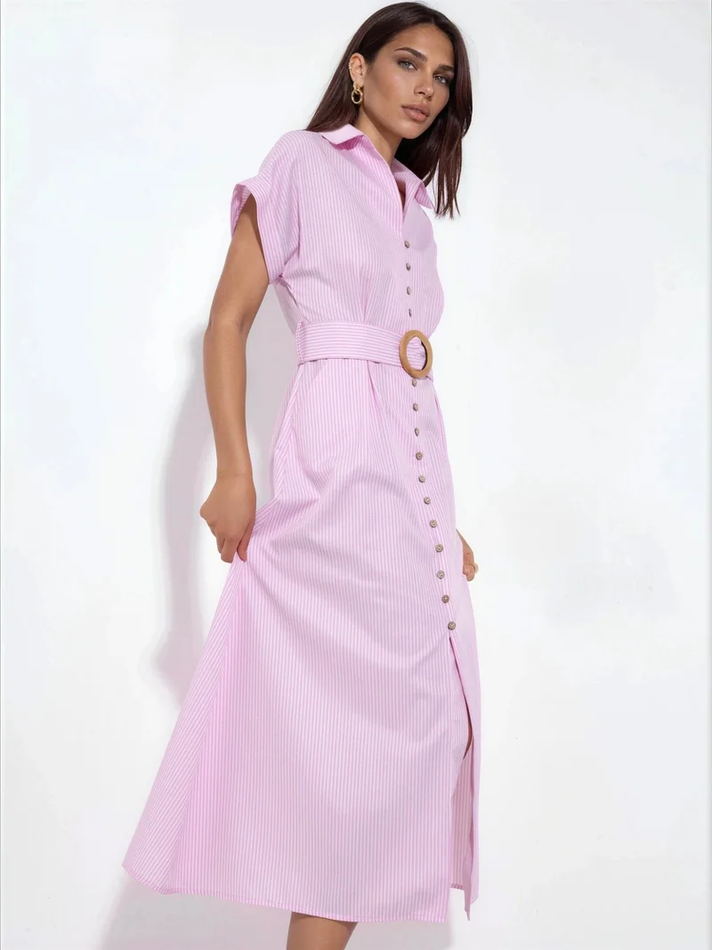 بوسيم BUSEM Striped V-neck Midi Shirt Dress with Belt
