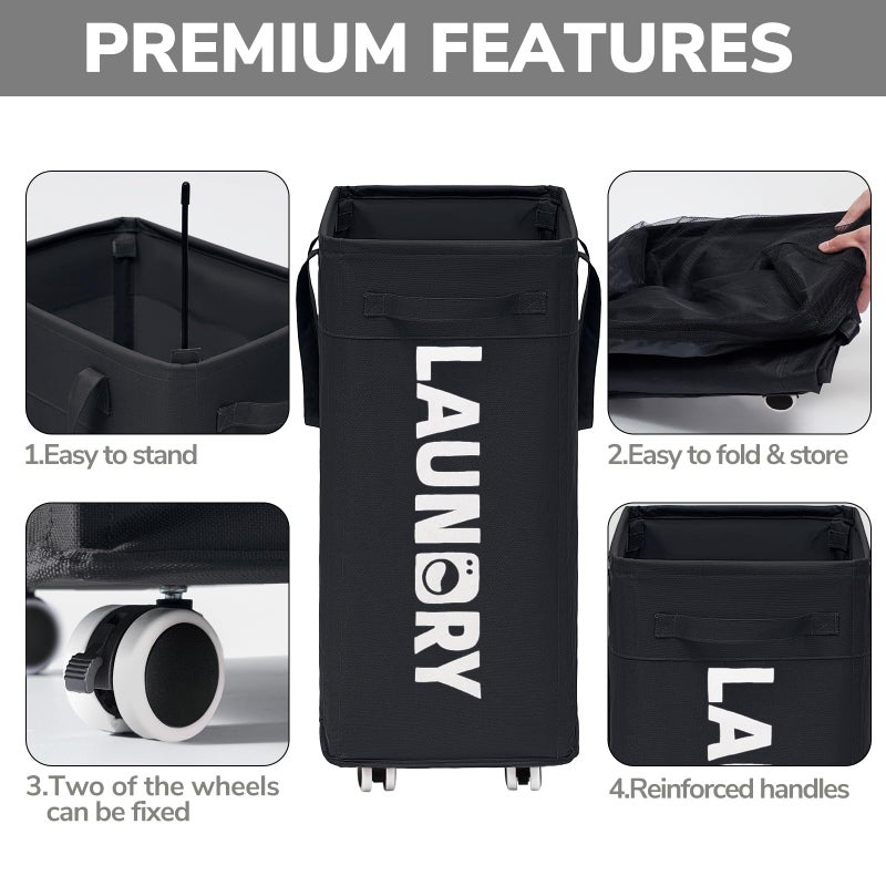 Goodpick Laundry Basket with Wheels, 2-Pack 75L Rolling Laundry Hamper with Removable Wash Bags, Collapsible Laundry Basket for Corner Dorm, Black - Image 4