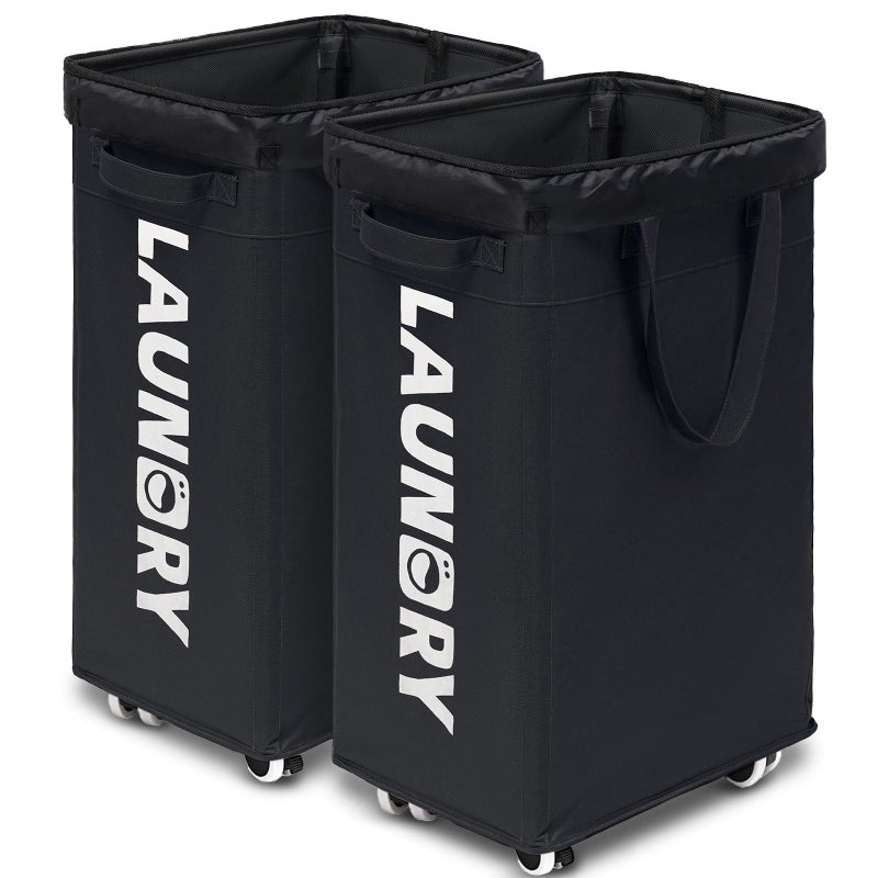 Goodpick Laundry Basket with Wheels, 2-Pack 75L Rolling Laundry Hamper with Removable Wash Bags, Collapsible Laundry Basket for Corner Dorm, Black - Image 1