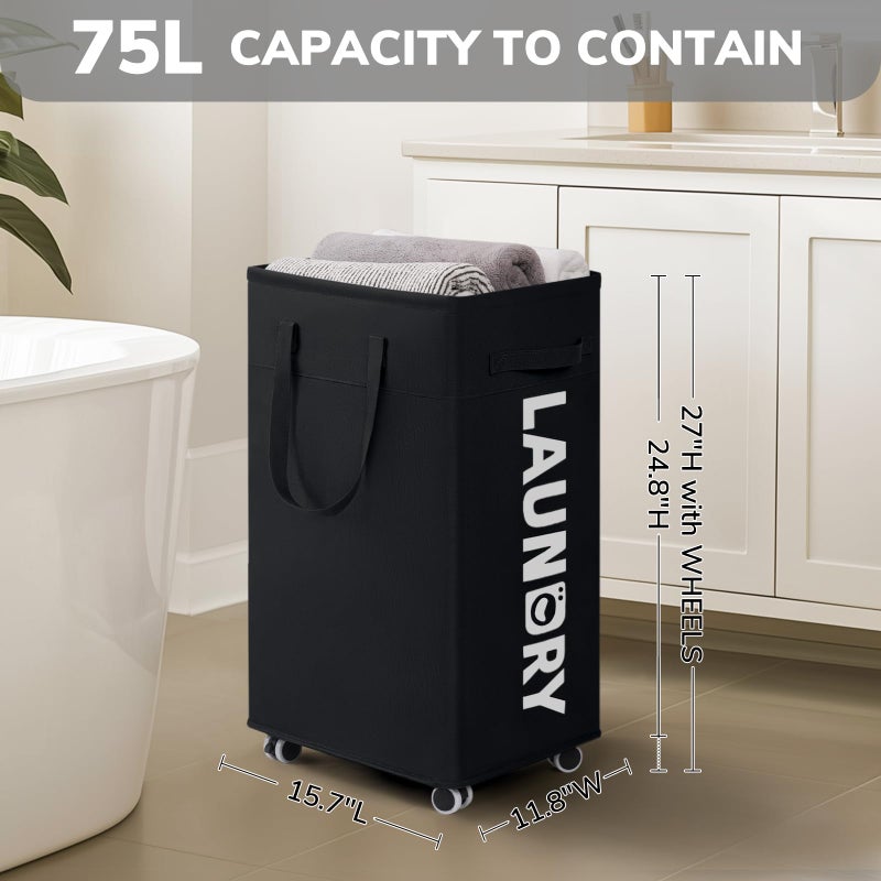 Goodpick Laundry Basket with Wheels, 2-Pack 75L Rolling Laundry Hamper with Removable Wash Bags, Collapsible Laundry Basket for Corner Dorm, Black - Image 3