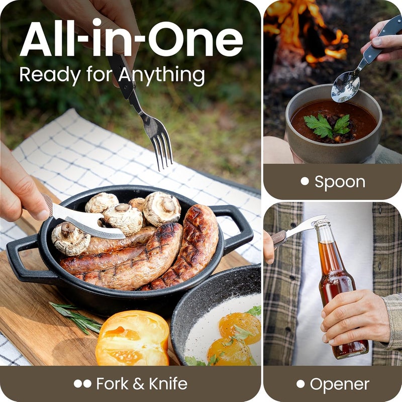 Orblue 4-in-1 Camping Utensils, 2-Pack - Portable Stainless Steel Spoon, Fork, Knife & Bottle Opener Combo Set - Travel, Backpacking Cutlery Multitool, Gray - Image 2