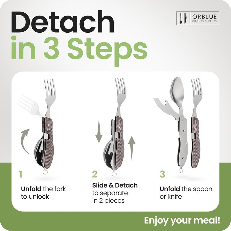 Orblue 4-in-1 Camping Utensils, 2-Pack - Portable Stainless Steel Spoon, Fork, Knife & Bottle Opener Combo Set - Travel, Backpacking Cutlery Multitool, Gray - Image 3