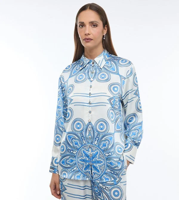 بي سي بي جي BCBG PORCELIN PRINT CHIFFON WOVEN BLOUSE