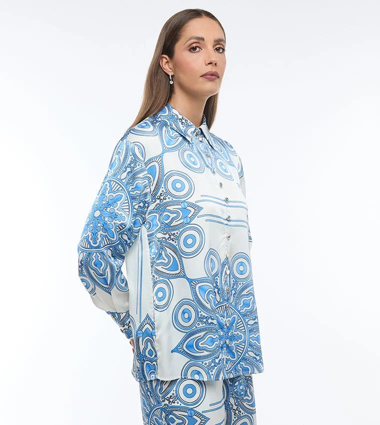بي سي بي جي BCBG PORCELIN PRINT CHIFFON WOVEN BLOUSE