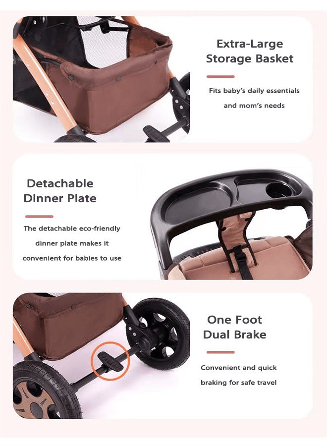 Riolio Luxury Baby Stroller, One-Hand Fold, Multiple Adjustable Recline Positions, with Canopy, Large-Size Breathable Travel Stroller, Single Foot Dual Brakes, Fully Washable, Interchangeable Tray Armrest  - Image 4