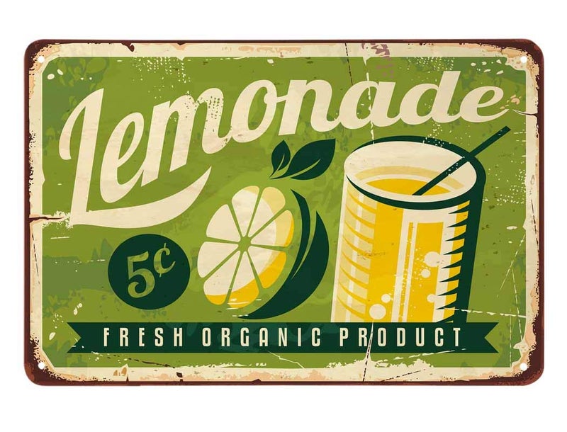 AOYEGO Lemonade Tin Sign,Fresh Fruit Drinks Lemon Bubbles Vintage Metal Tin Signs for Cafes Bars Pubs Shop Wall Decorative Funny Retro Signs for Men Women 8x12 Inch - Image 1