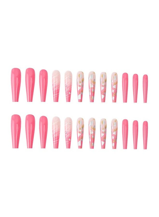 DOUBNINE Press On False Nails Medium Coffin Rhinestone Pink Ombre Gradient Gold Glitter Fake Nails Acrylic Full Cover Bling Luxury False Nails for Women - Image 3