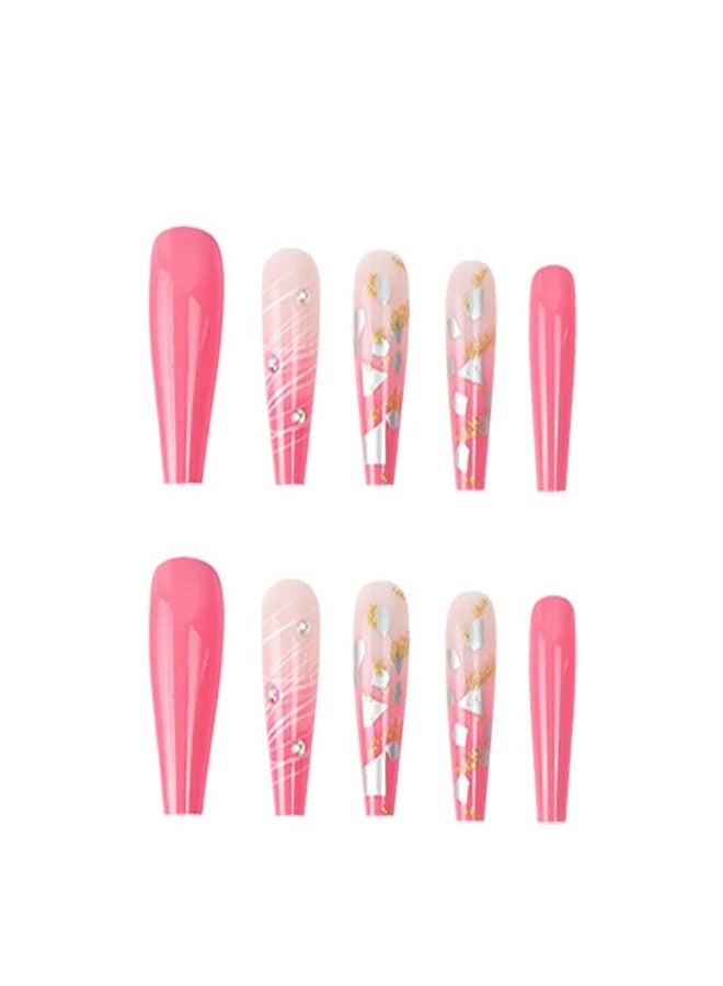 DOUBNINE Press On False Nails Medium Coffin Rhinestone Pink Ombre Gradient Gold Glitter Fake Nails Acrylic Full Cover Bling Luxury False Nails for Women - Image 2