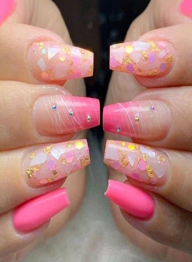 DOUBNINE Press On False Nails Medium Coffin Rhinestone Pink Ombre Gradient Gold Glitter Fake Nails Acrylic Full Cover Bling Luxury False Nails for Women - Image 1