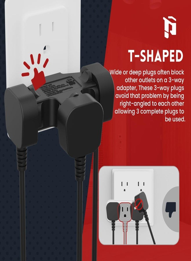 PLUGTUL 3 Way Plug Adapter, 3 Plug Wall Adapter, 3 Prong, Grounded, 15A, 1875W, Multiple Plug Expander for Home, Outdoor, ETL Listed, Black, 3PACK - Image 3