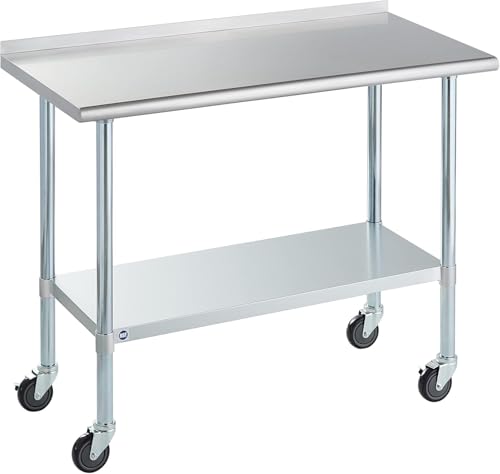 Rockpoint Stainless Steel Table for Prep  Work with Caster  Backsplash 24x48 Inches NSF Metal Commercial Kitchen Heavy Duty Table with Adjustable Under Shelf and Table Foot for Restaurant Home and Hotel