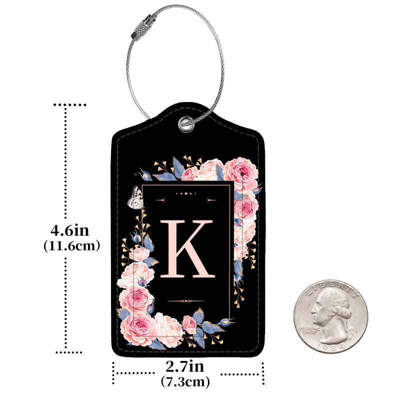 Anikathy 2 Pcs PU Leather Luggage Tag for Suitcases with Privacy Shield and Name ID Tag Address Card Travel Cruise Luggage Tag, Suitable for Men and Women Baggage Handbag Backpack,Flower and Monogram(Letter K - Image 3