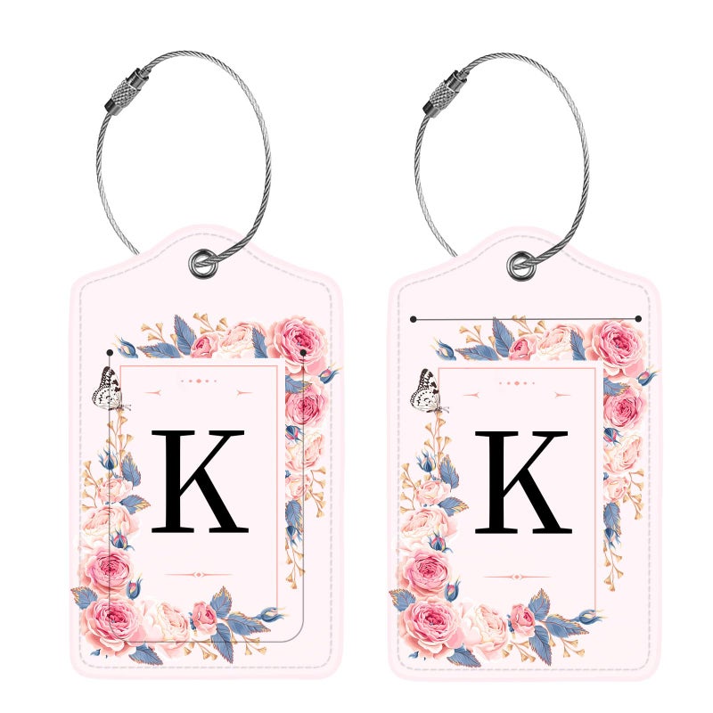 Anikathy 2 Pcs PU Leather Luggage Tag for Suitcases with Privacy Shield and Name ID Tag Address Card Travel Cruise Luggage Tag, Suitable for Men and Women Baggage Handbag Backpack,Flower and Monogram(Letter K - Image 4