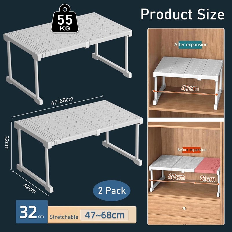 YSOAE 2 PACK Expandable Cabinet Storage, Expandable Closet Shelf Stackable Organizer, Rack for Kitchen Bathroom Pantry Spice Cupboard Coffee Countertop Home Office Desk (M: 47-68CM) - Image 2
