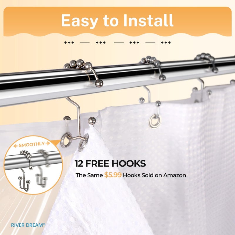 River Dream Waffle 3 in 1 Shower Curtain Set, White Fabric Shower Curtain and Clear Liner Set with Double Sided Hooks, Waterproof, 72" W*72" H - Image 2