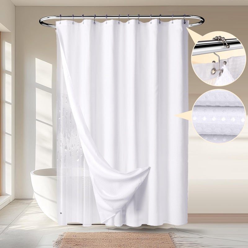 River Dream Waffle 3 in 1 Shower Curtain Set, White Fabric Shower Curtain and Clear Liner Set with Double Sided Hooks, Waterproof, 72" W*72" H - Image 1