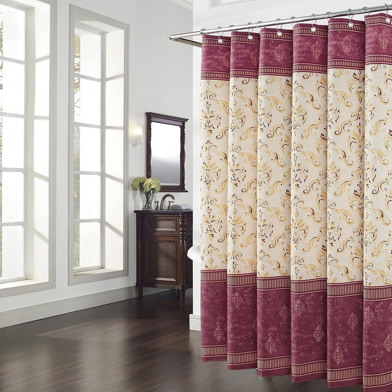 BESTRIPES Fabric Shower Curtain, Burgundy and Gold Yellow Boho Paisley Damask Print Shower Curtains for Bathroom, Waterproof Bathroom Curtains, 72" W x 72" H - Image 1
